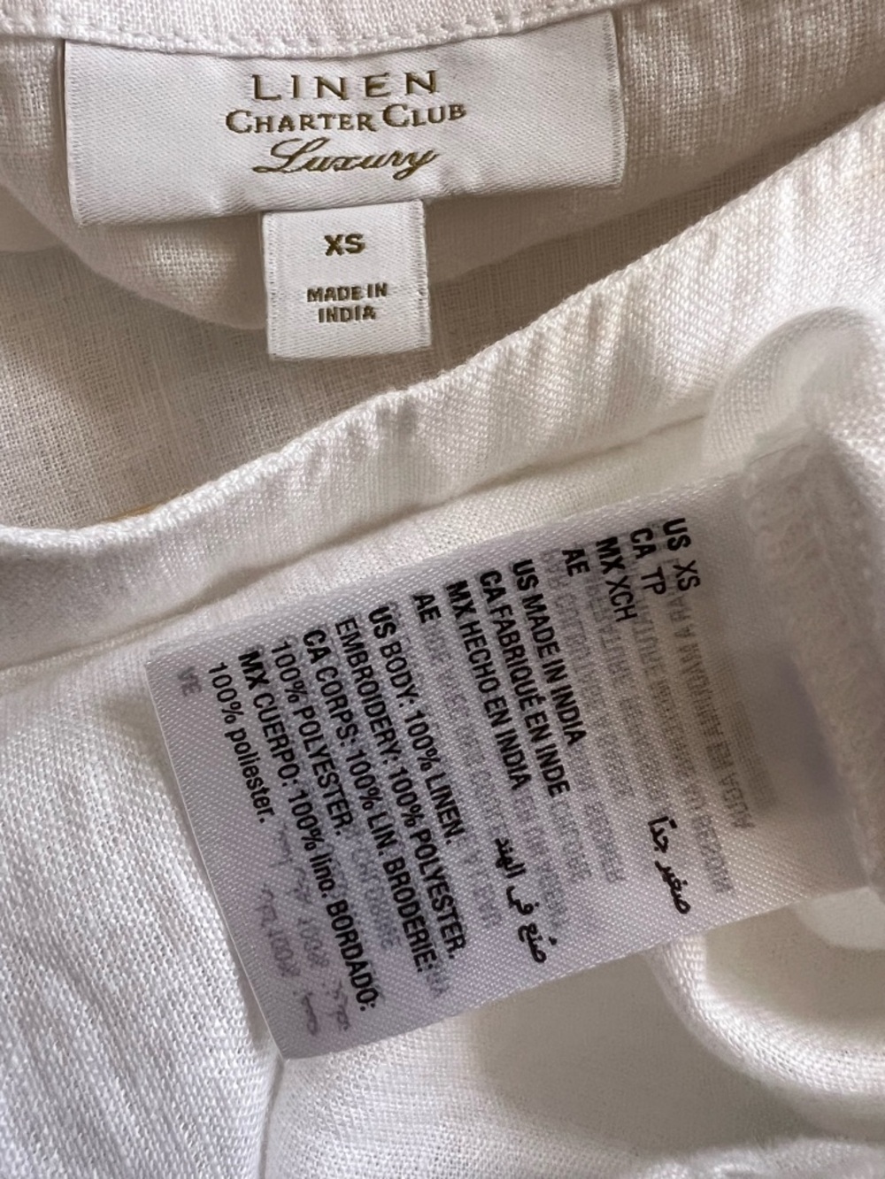 New 100% Linen Charter Club Luxury White Eyelet Tie-Sleeve Blouse Size XS - Picture 8 of 10